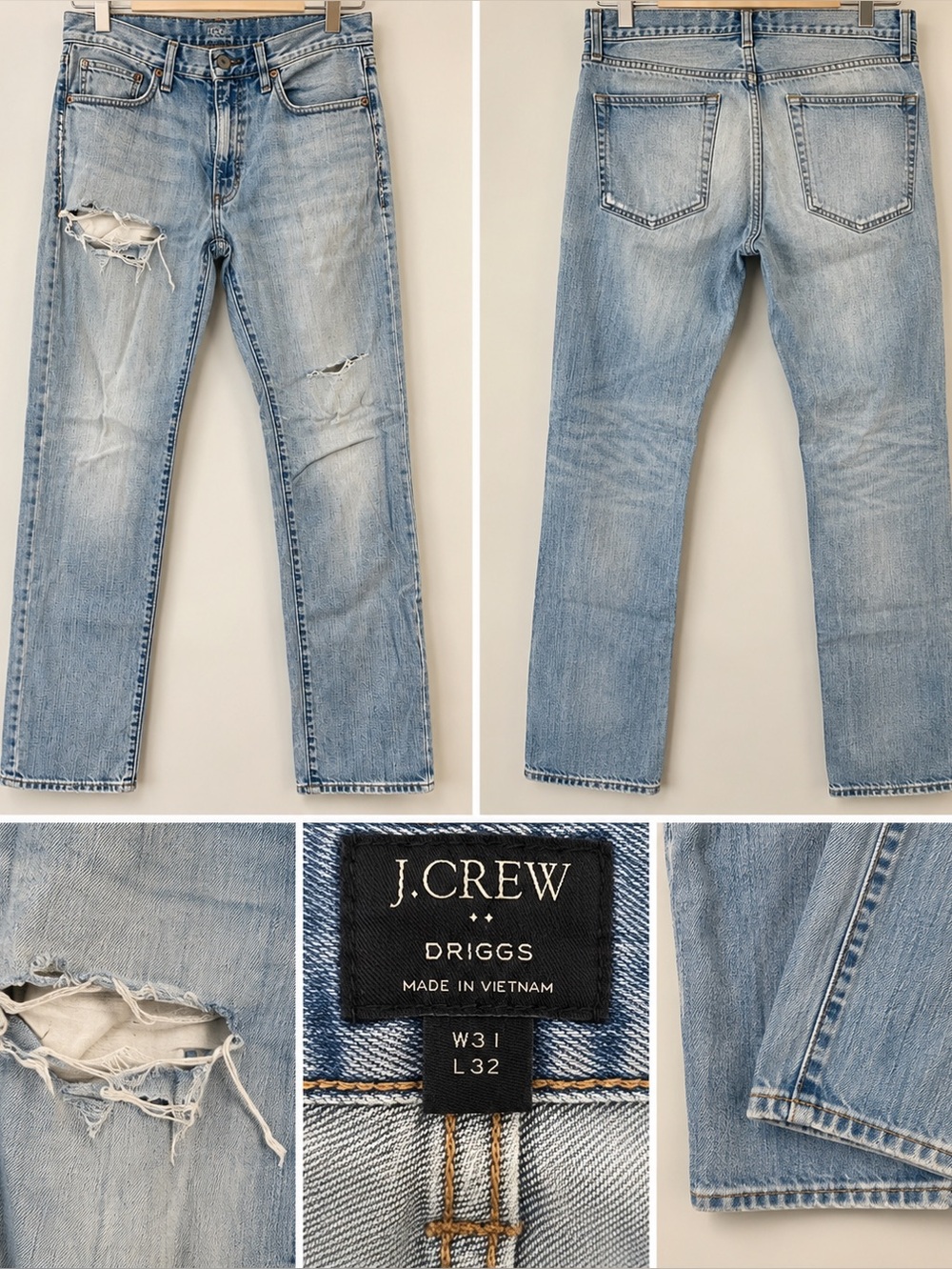 J.Crew Driggs Men’s Jeans W31 L32 Light Wash Distressed Denim